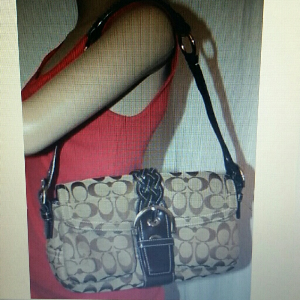 Coach Signature canvas Leather Handbag Beige Purse Medium Shoulder Bag $325